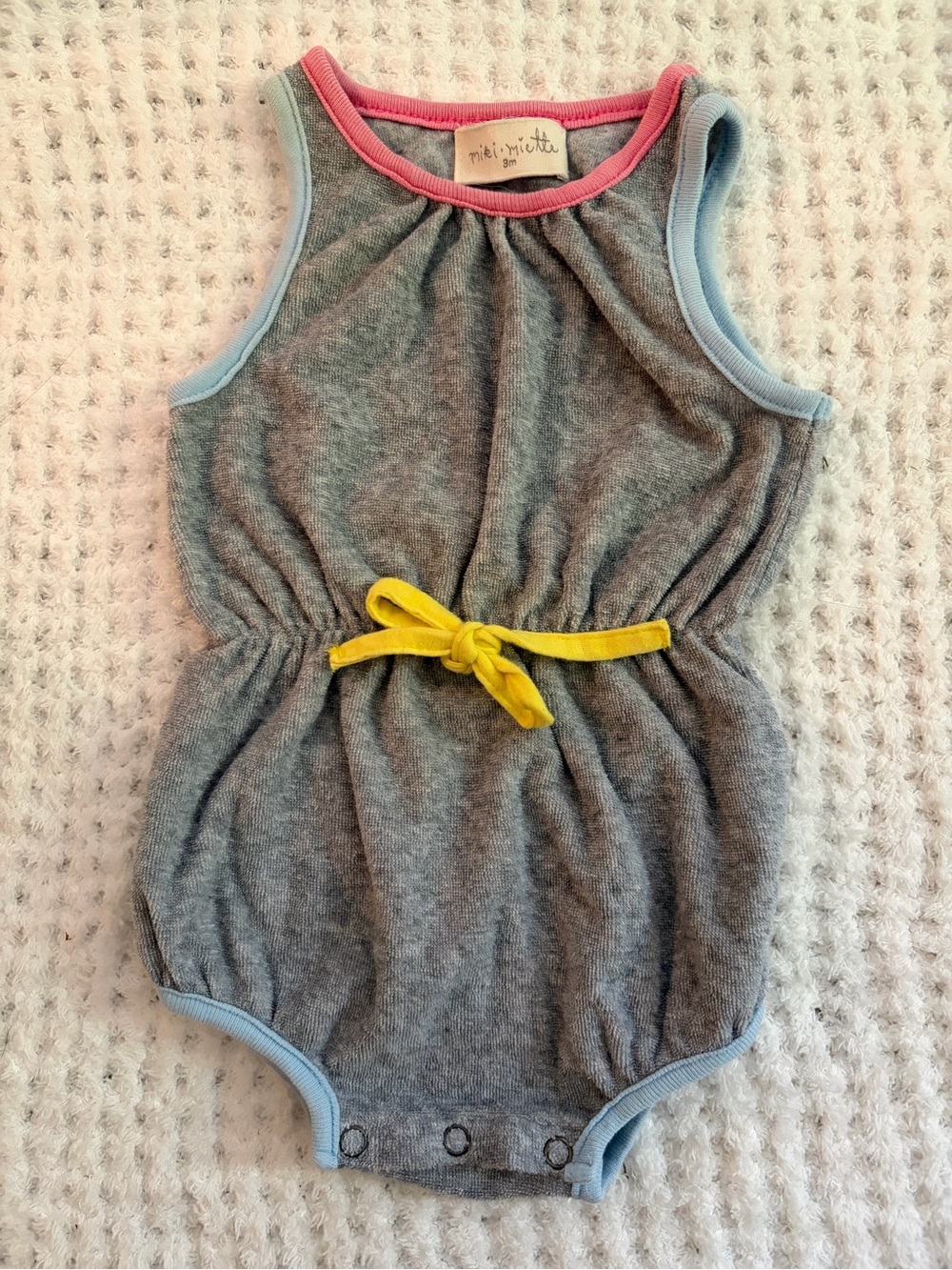 miki miette Grey Sleeveless Baby One-Piece with Yellow Tie